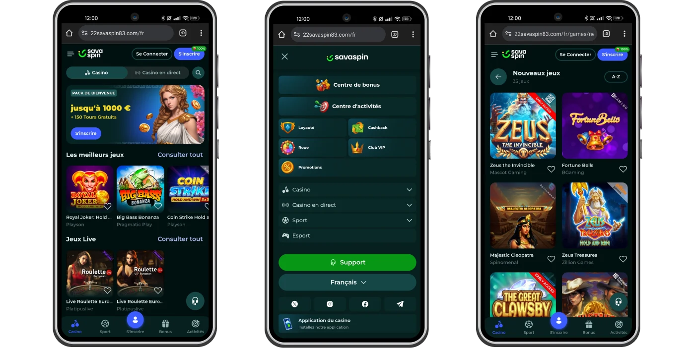 ​Version mobile de Savaspin Casino